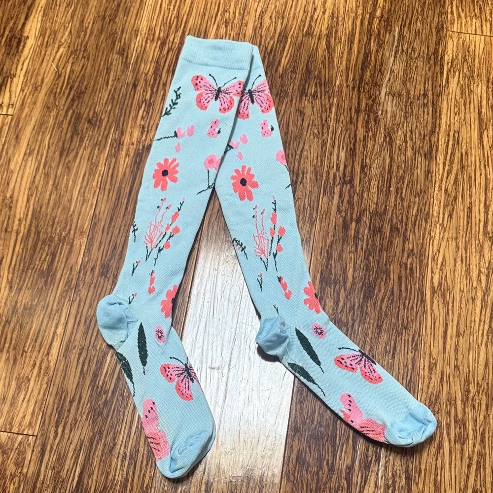 Light blue pink floral butterfly print knee high compression socks